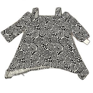 Caribe 1X White Black Blouse Stretch Square Neck 3/4 Sleeve USA New Asymmetrical